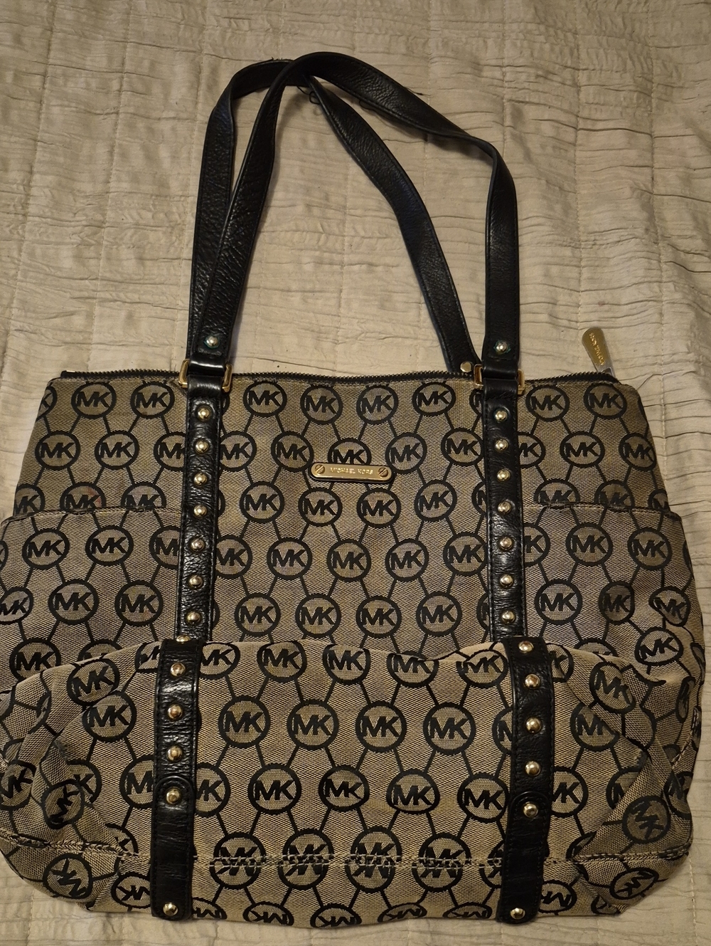 Michael Kors Tan and Black MK Logo Shoulder Tote